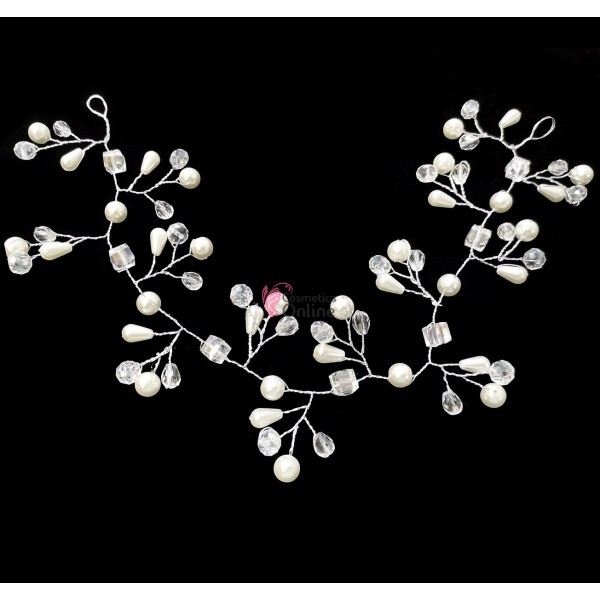 Accesoriu modern pentru decor par WED45AA Argintiu cu Cristale si perle de 30cm